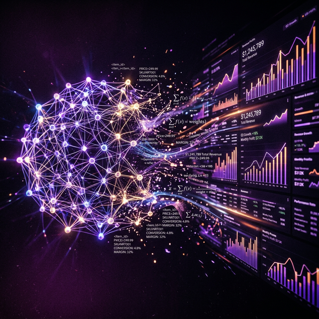 Neural network of nodes and product data dissolving into revenue charts, cinematic deep purple editorial