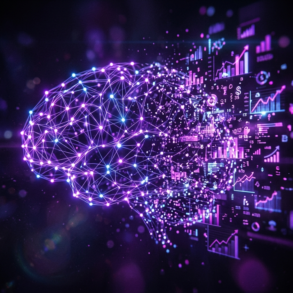 AI neural network dissolving into DTC product data and revenue charts