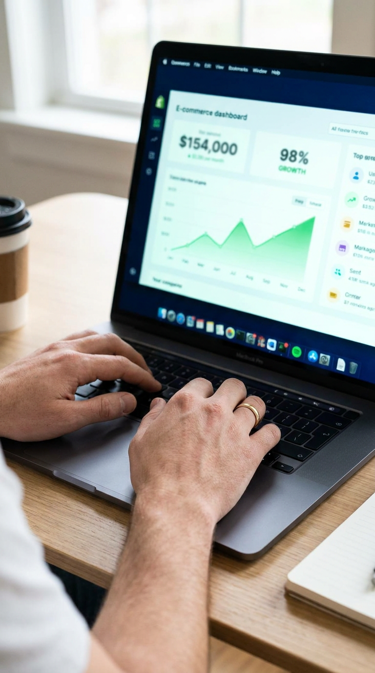 Laptop showing a growth proposal dashboard for a DTC brand