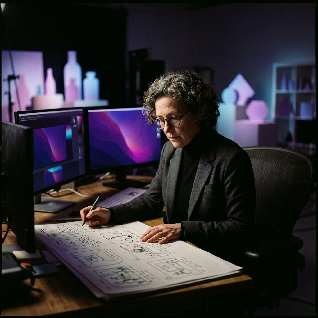 Creative director reviewing ad storyboard in a dark studio with deep purple lighting