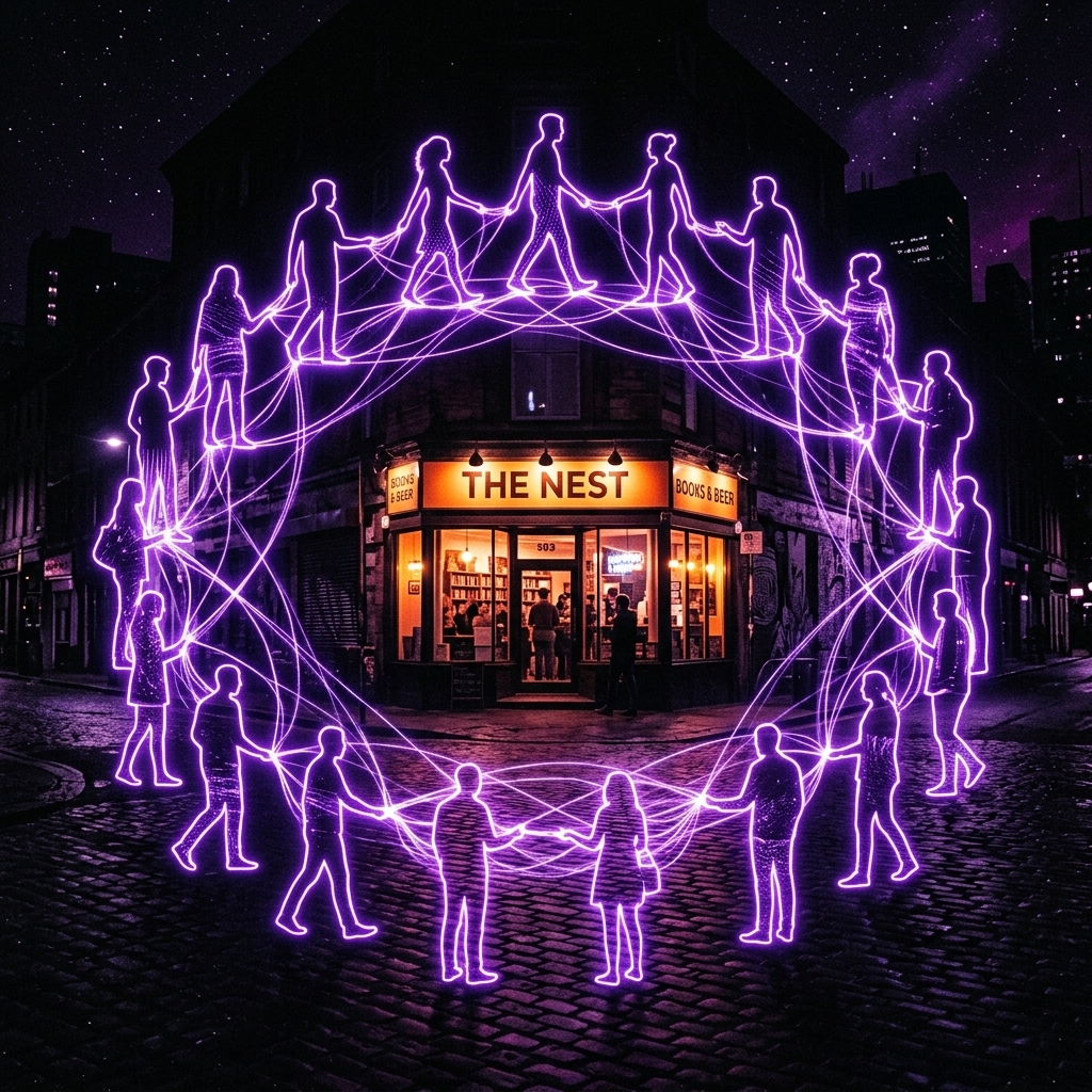 Connected customer silhouettes forming a community around a glowing storefront