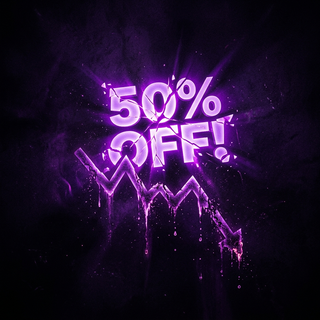 A fracturing percentage discount sign bleeding purple light over an eroding profit graph, illustrating how DTC discounting destroys margin