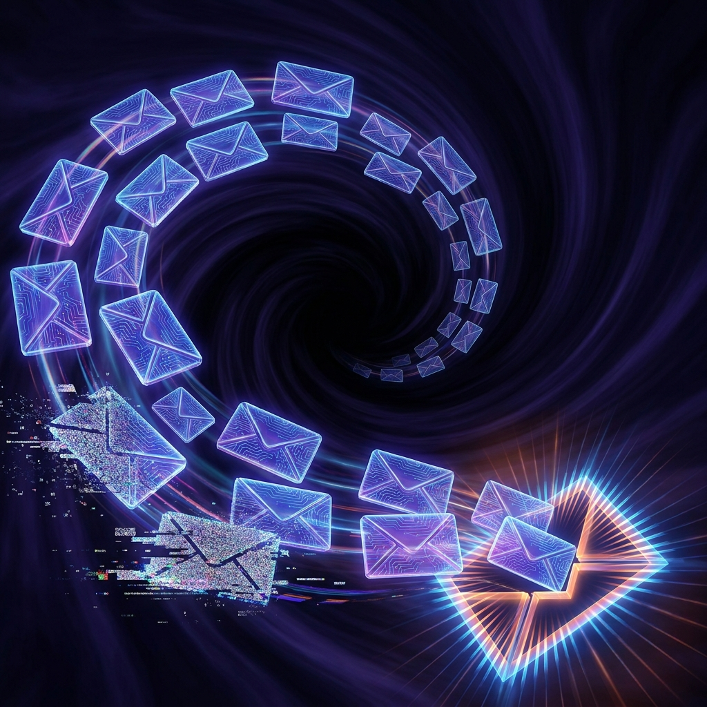 Glowing email envelopes flowing into a dark inbox, some dissolving into static noise representing spam filters