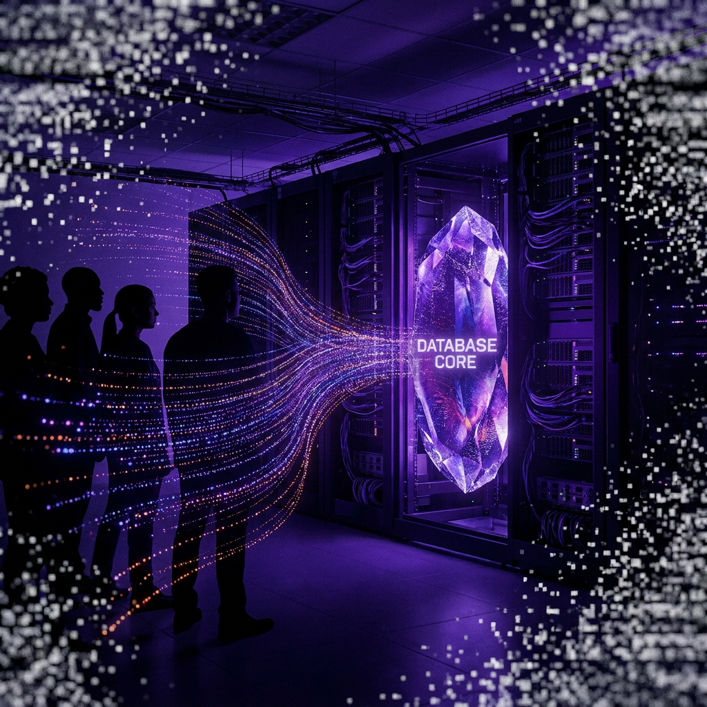 Glowing customer data streams flowing into a central database core — first-party data strategy for DTC brands
