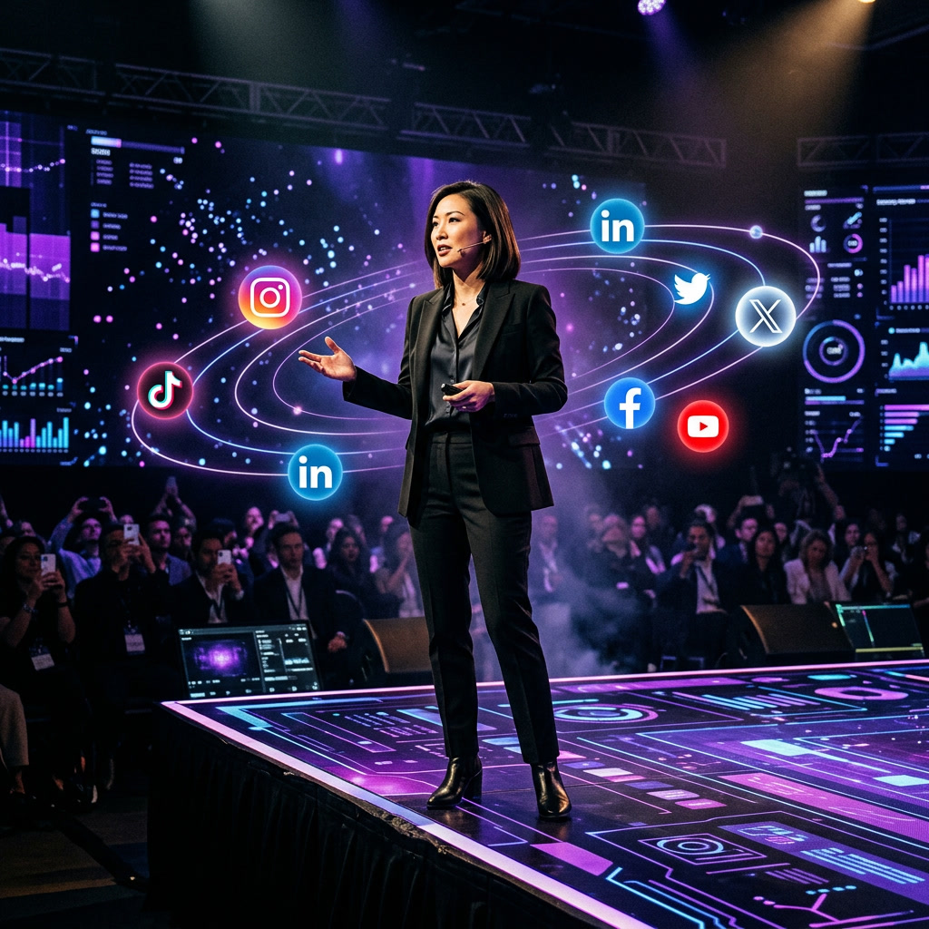 DTC founder building a personal brand audience with social media in a cinematic purple-lit setting