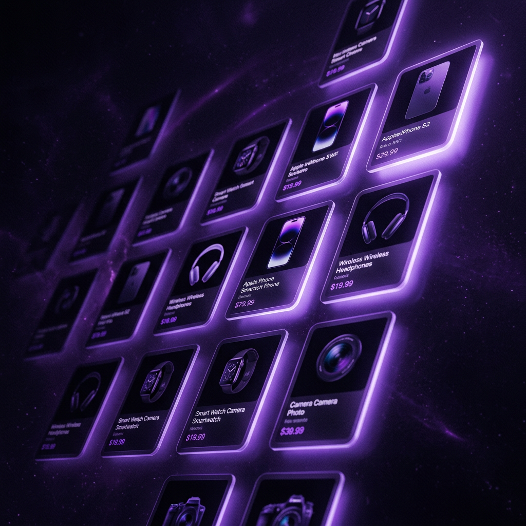Glowing product listing cards rising from a dark cinematic void, representing Google Shopping ads for DTC brands