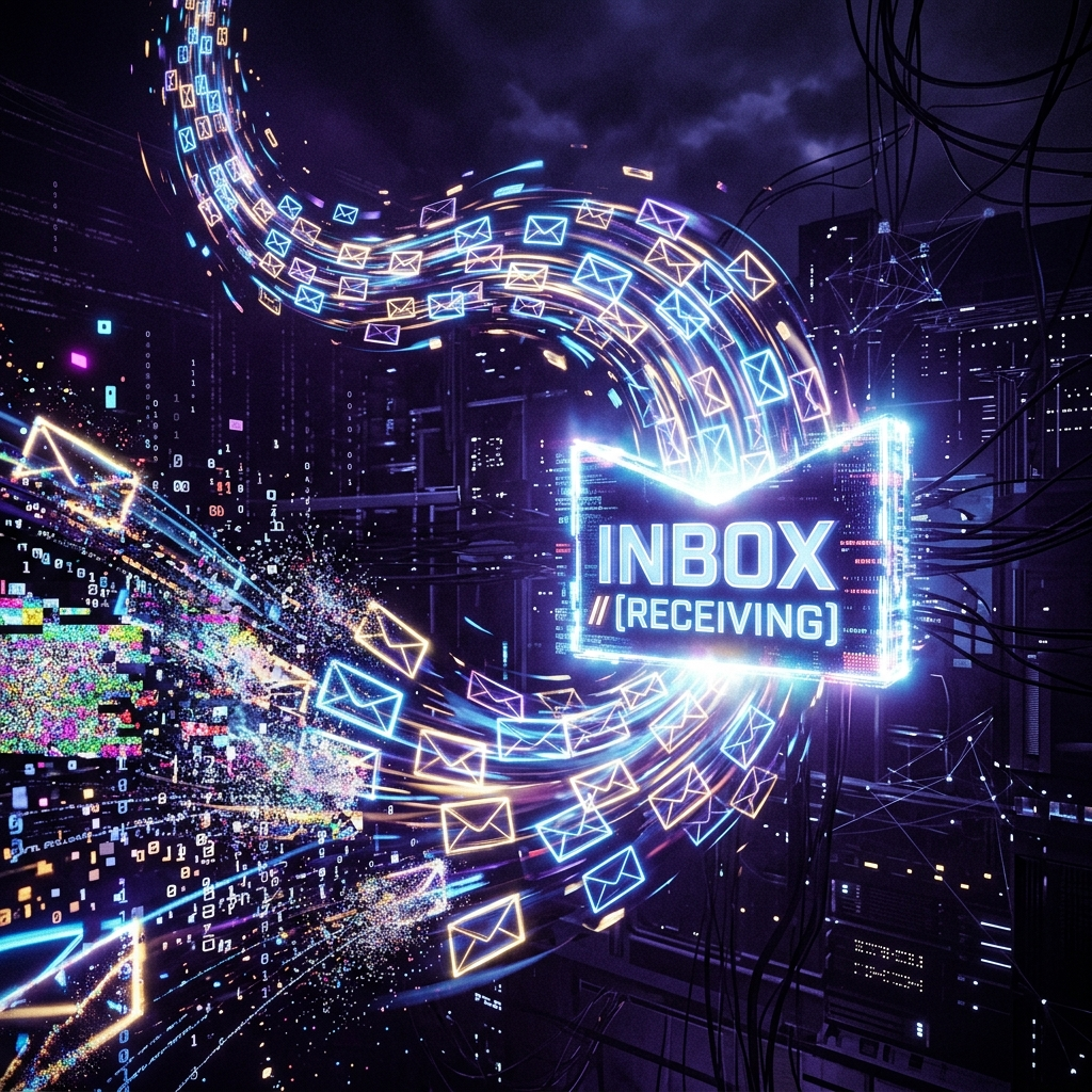 Glowing envelopes flowing into a luminous inbox, deep purple and black cinematic editorial