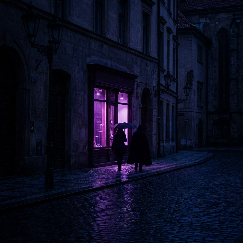 A glowing shopfront drawing customers organically in a dark street, representing DTC brands growing without paid advertising