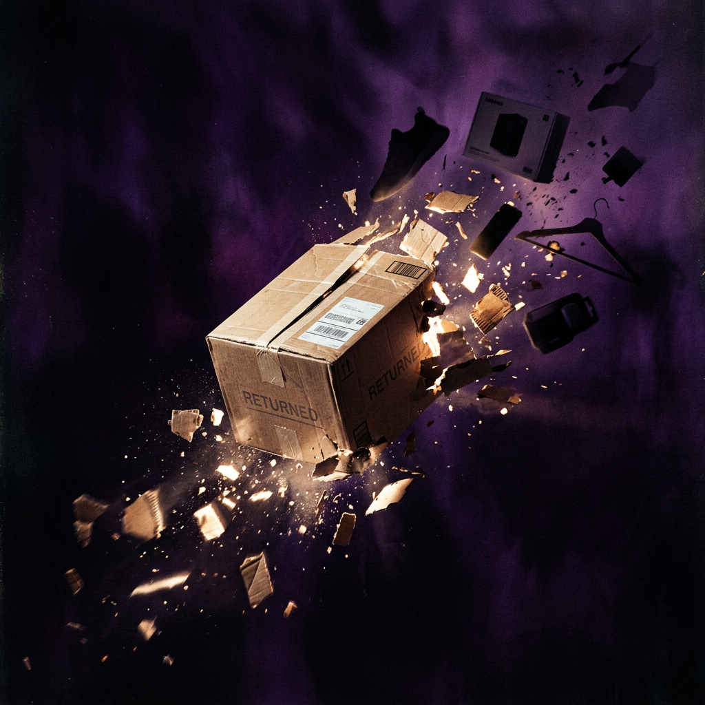 A cardboard box dissolving into fragments of light, representing ecommerce returns and margin loss