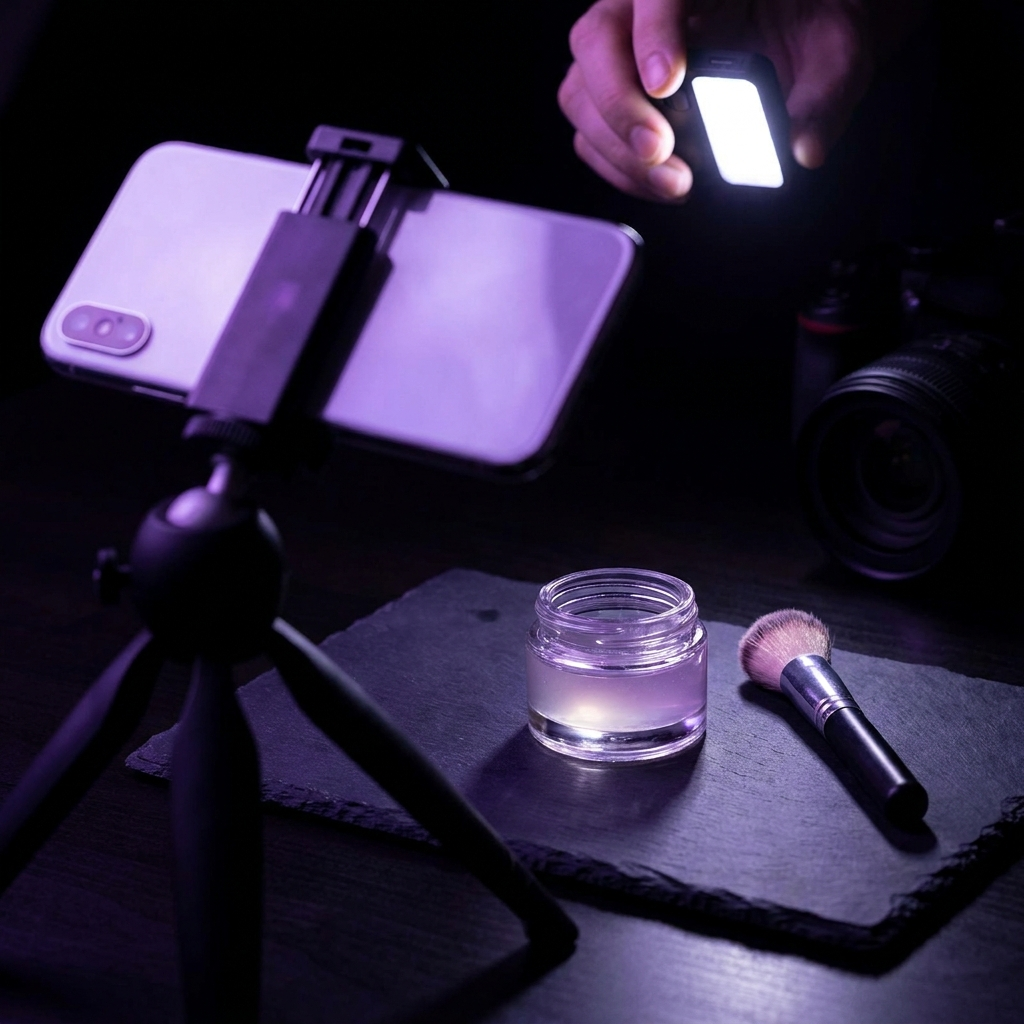 Creator filming a product in a dark studio with purple lighting, representing the shift to authentic UGC content in DTC brand marketing