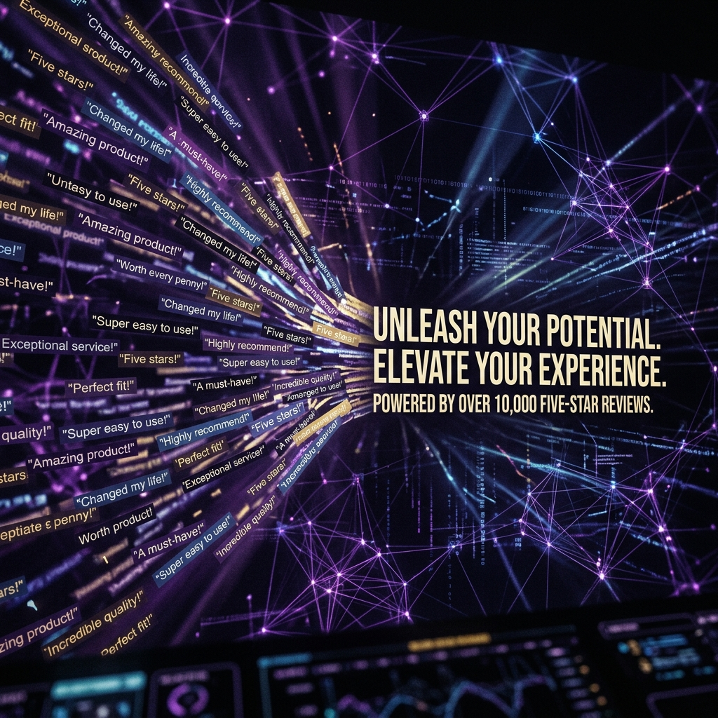 Abstract neural network processing customer review data into ad copy, deep purple and black cinematic editorial